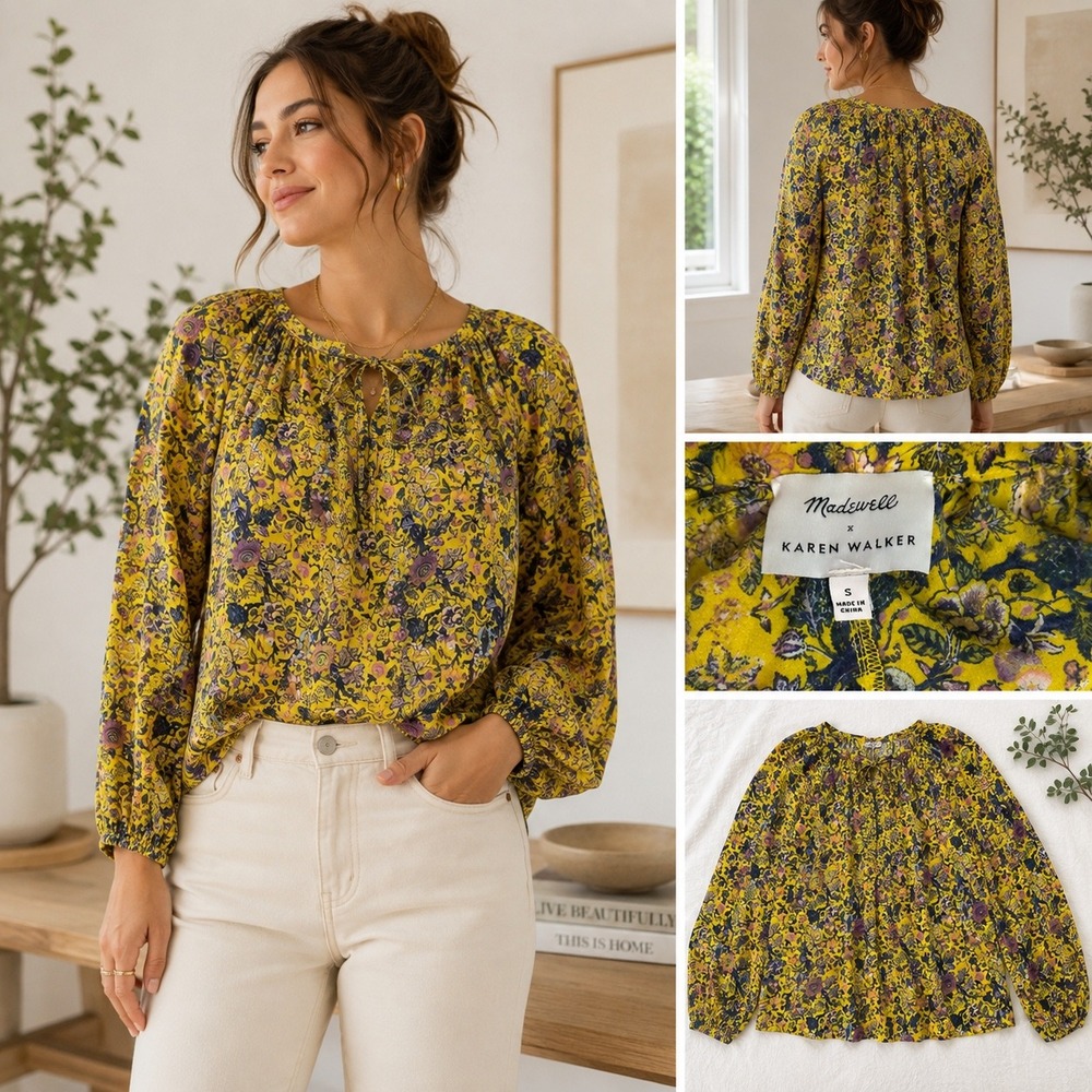 Madewell x Karen Walker Yellow Floral Peplum Blouse‎ Long Sleeve Tie Neck Small